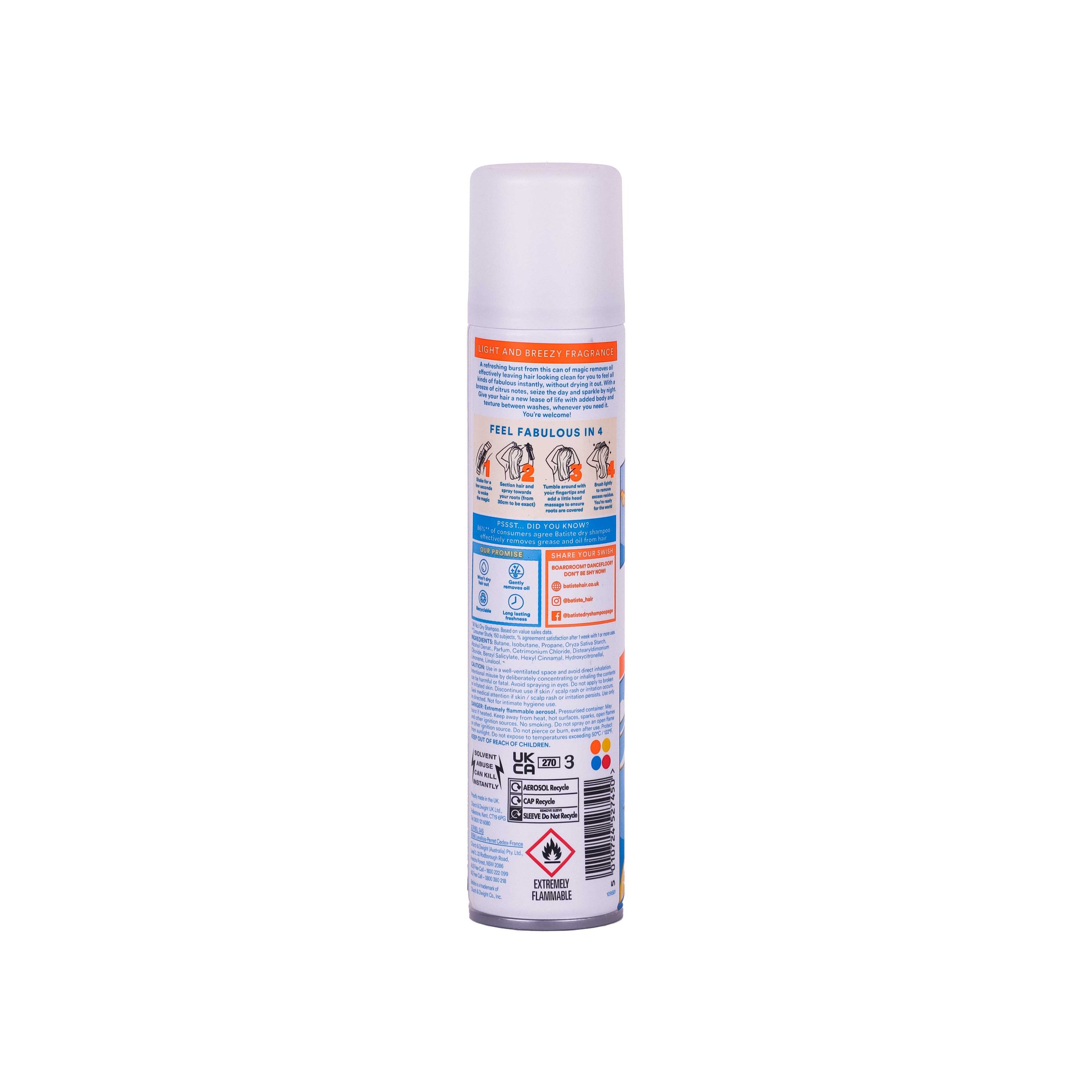 شامپو خشک Batiste Fresh با رایحه بریزی سیتروس، مناسب تازهسازی سریع مو بدون آب، کاهش ظاهر چربی و ایجاد حس طراوت فوری. حجم 200 میلیلیتر.