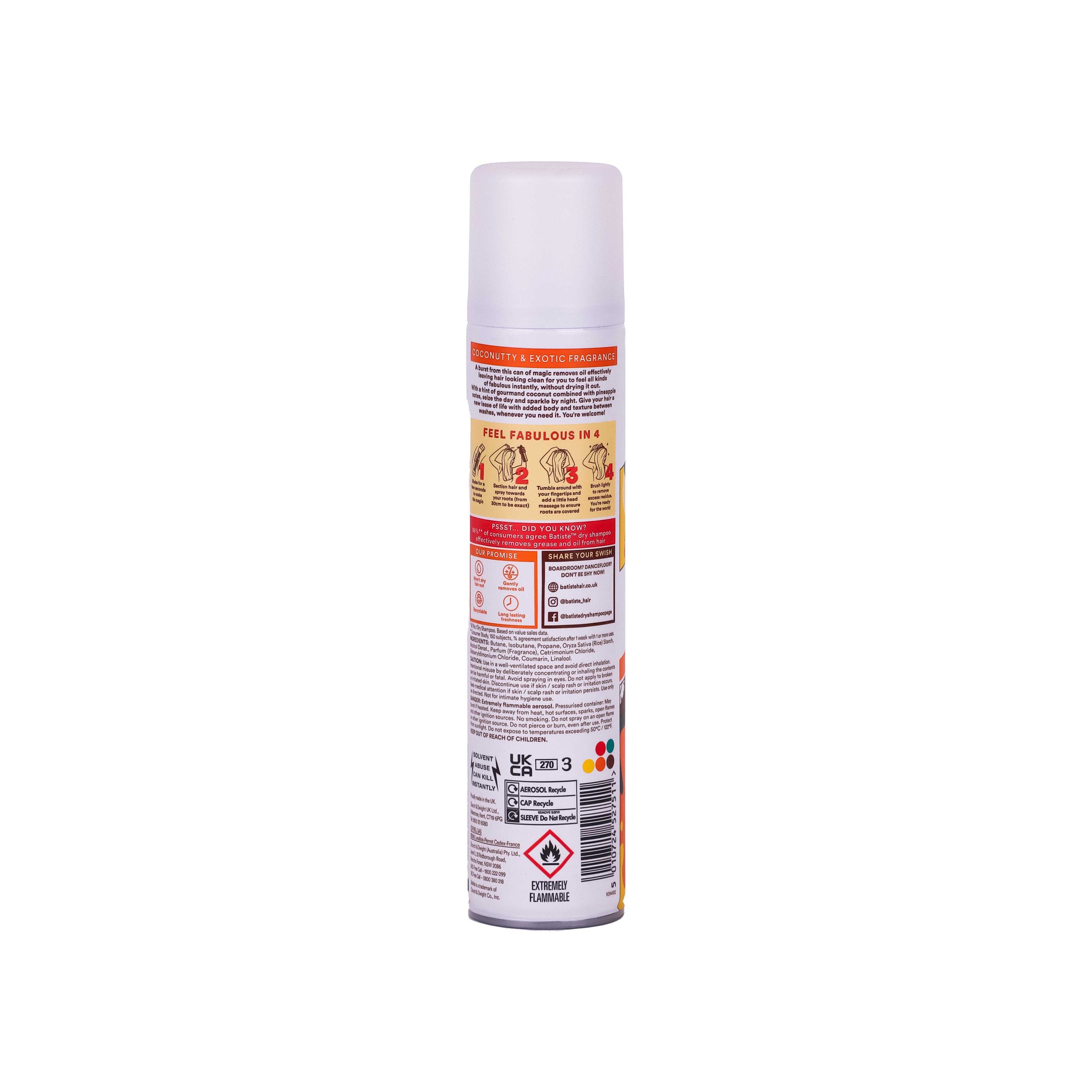 شامپو خشک Batiste Tropical با رایحه نارگیل استوایی، مناسب تازهسازی سریع مو بدون آب، کاهش ظاهر چربی و ایجاد حس طراوت. حجم 200 میلیلیتر.