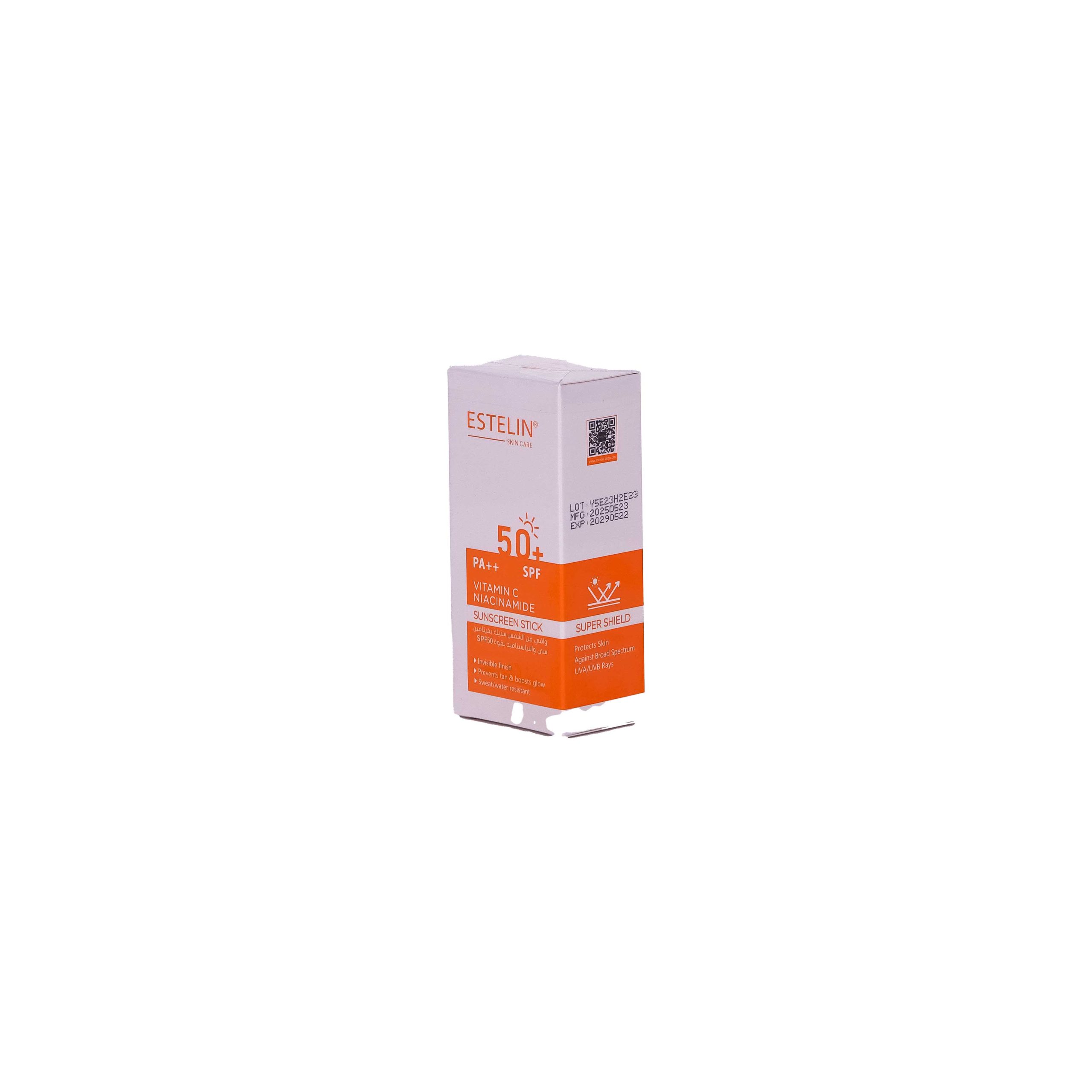 خرید استیک ضد آفتاب استلین SPF50 حاوی ویتامین C و نیاسینامید. سبک، نامرئی، مقاوم در برابر آب و تعریق، مناسب انواع پوست و تمدید روزانه.