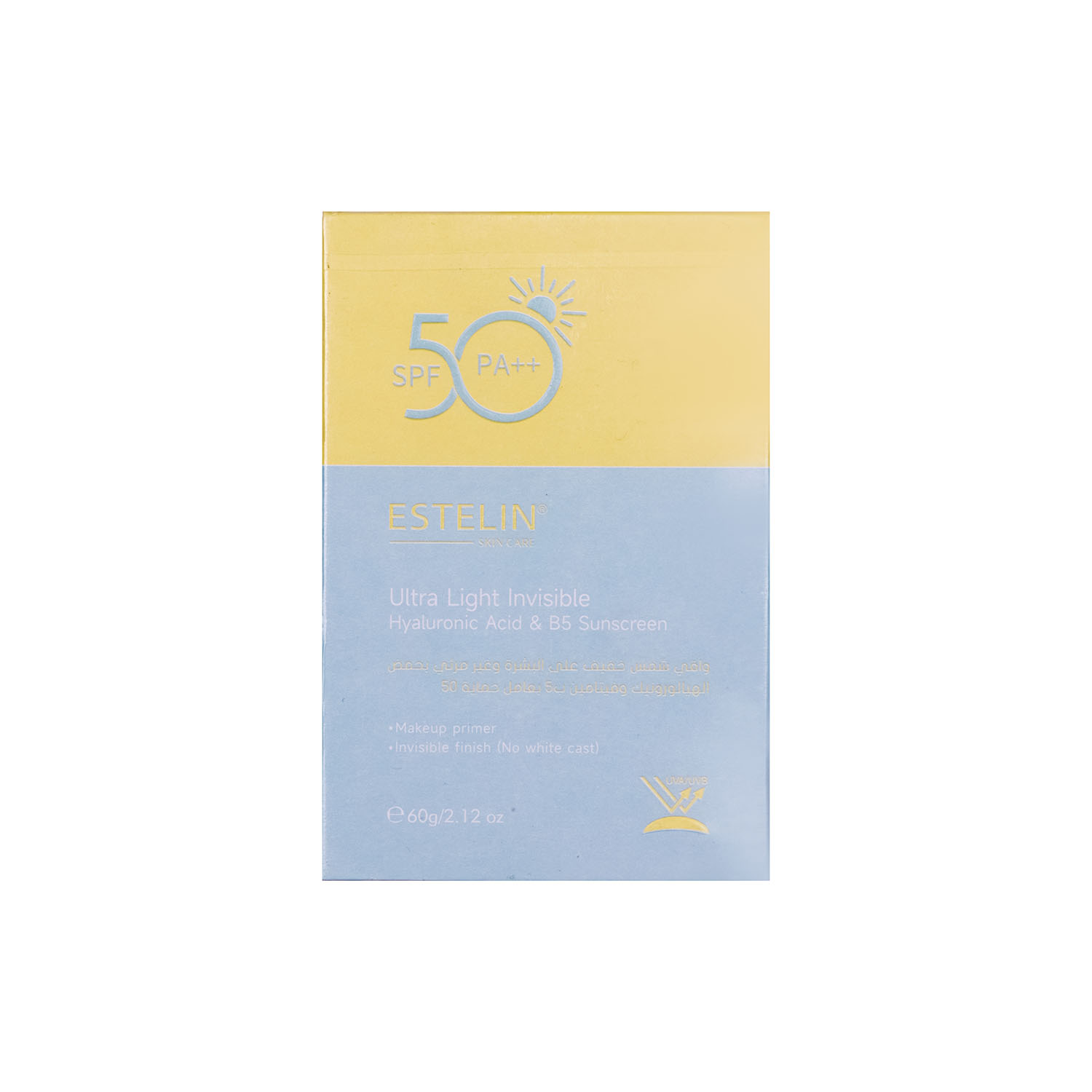خرید ضدآفتاب بیرنگ استلین مدل Ultra Light Invisible با SPF 50 و PA++، حاوی هیالورونیک اسید و ویتامین B5، مناسب استفاده روزانه و زیر آرایش.